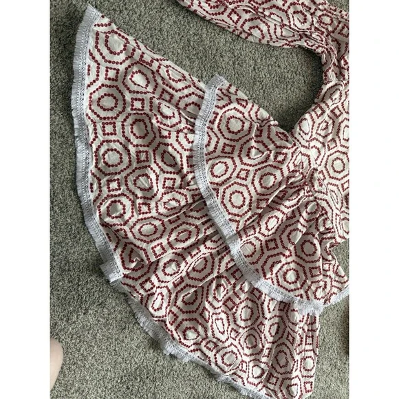 ALEXIS Geometric Embroidered Mini Dress Red White Fringe Balloon Sleeve S - Picture 4 of 6